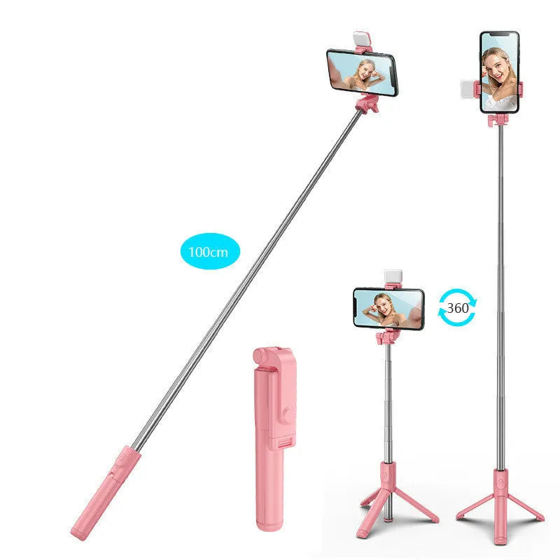 Aluminium Bluetooth selfie stick and tripod phone holder in black, pink, green, or white.