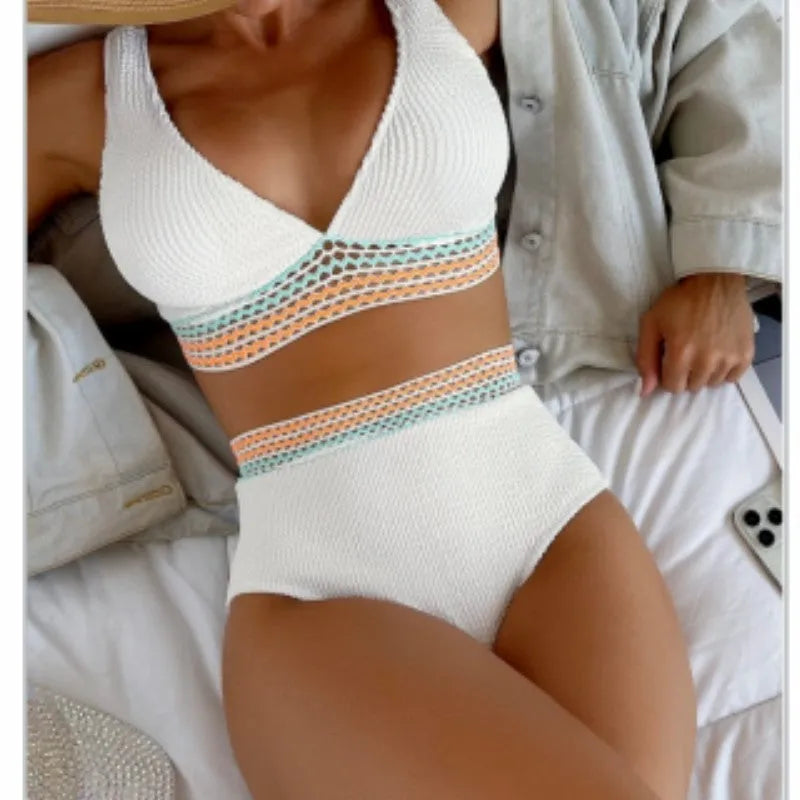 Women's high waist solid colour bikini set in white and pink options