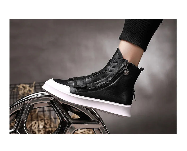 Men's black and white winter ankle boots with a high-top sneaker style and PU leather upper.