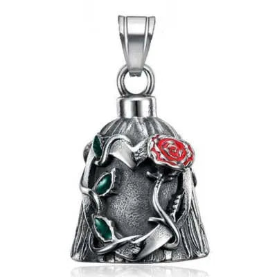 Polished titanium steel motorcycle lucky bell pendant with a double-sided epoxy rose in a geometric shape.