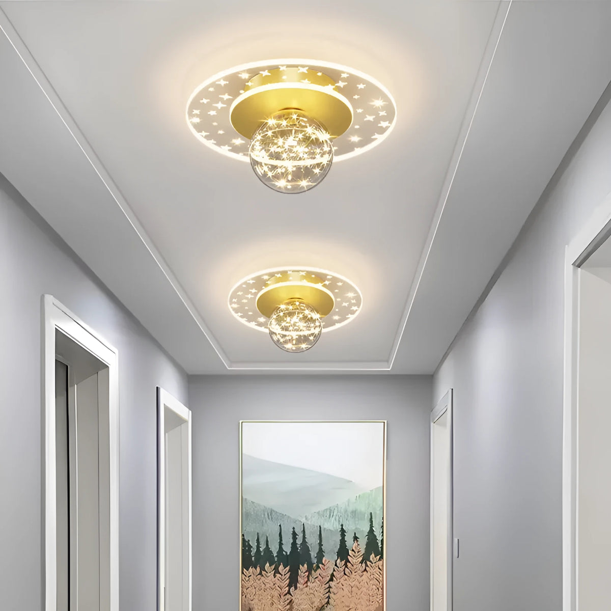 Modern ceiling lamp for corridors in black finish, showing integrated LED light source.