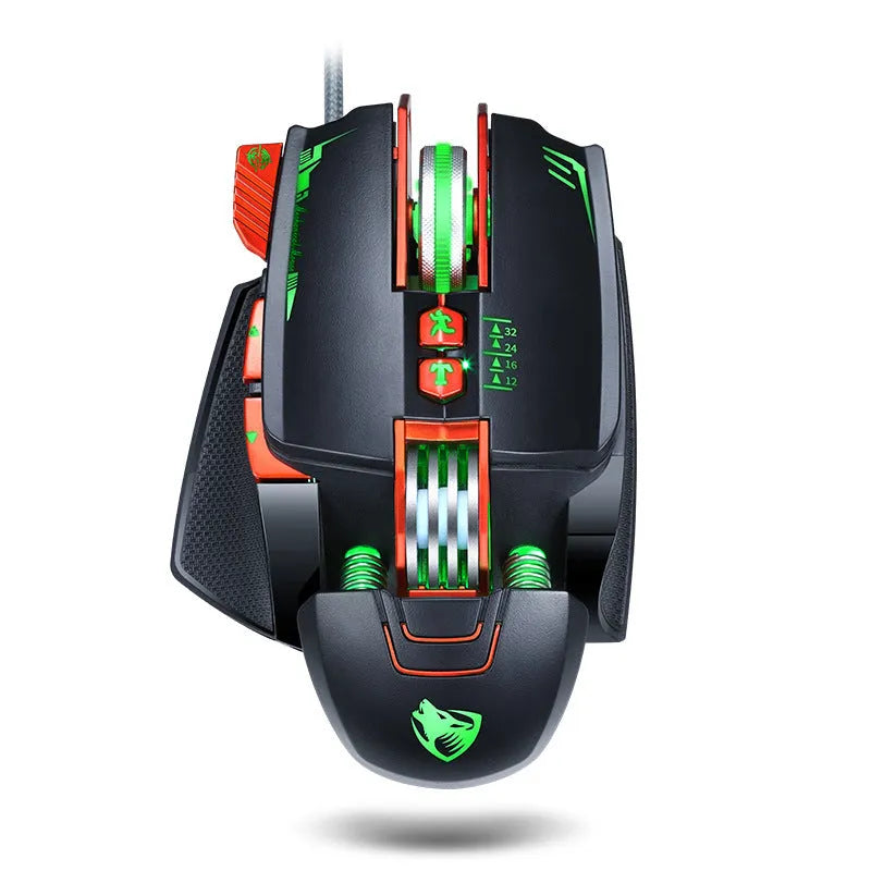 Thunder Wolf V9 black and grey wired gaming mouse with six side buttons on desktop.