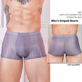 Men's striped underwear in thin transparent nylon fabric, shown in black, white and dark grey colours.