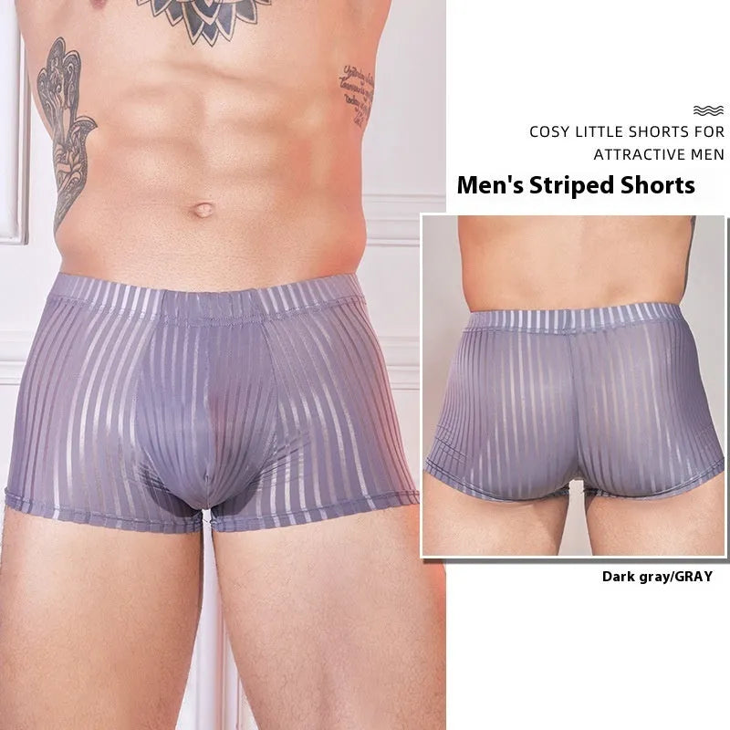 Men's striped underwear in thin transparent nylon fabric, shown in black, white and dark grey colours.