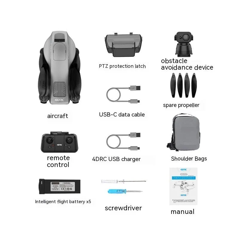 White folding quadcopter drone with camera, remote control, batteries, and shoulder bag