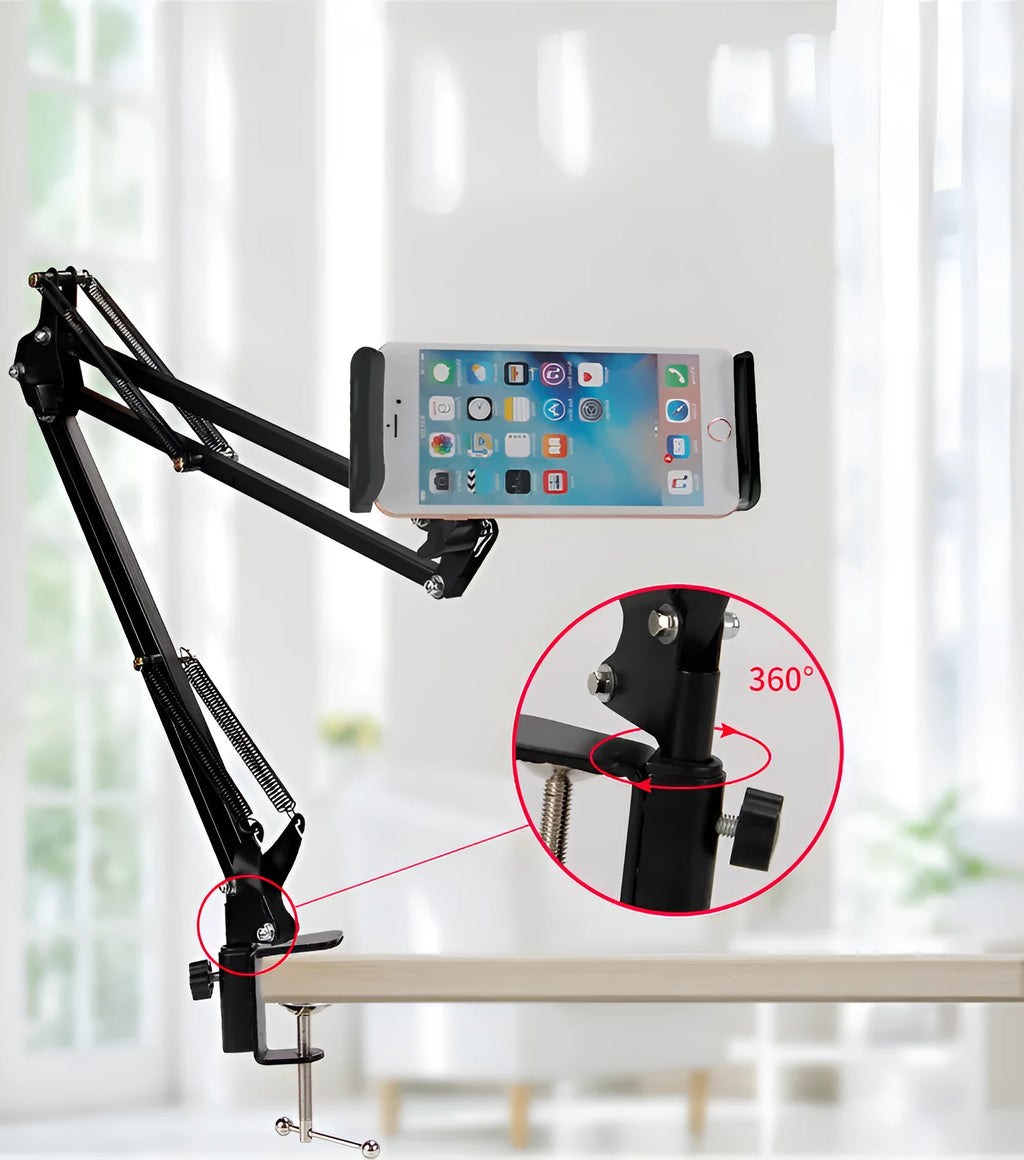 Adjustable black and white phone tablet stand on flat surface with mobile device