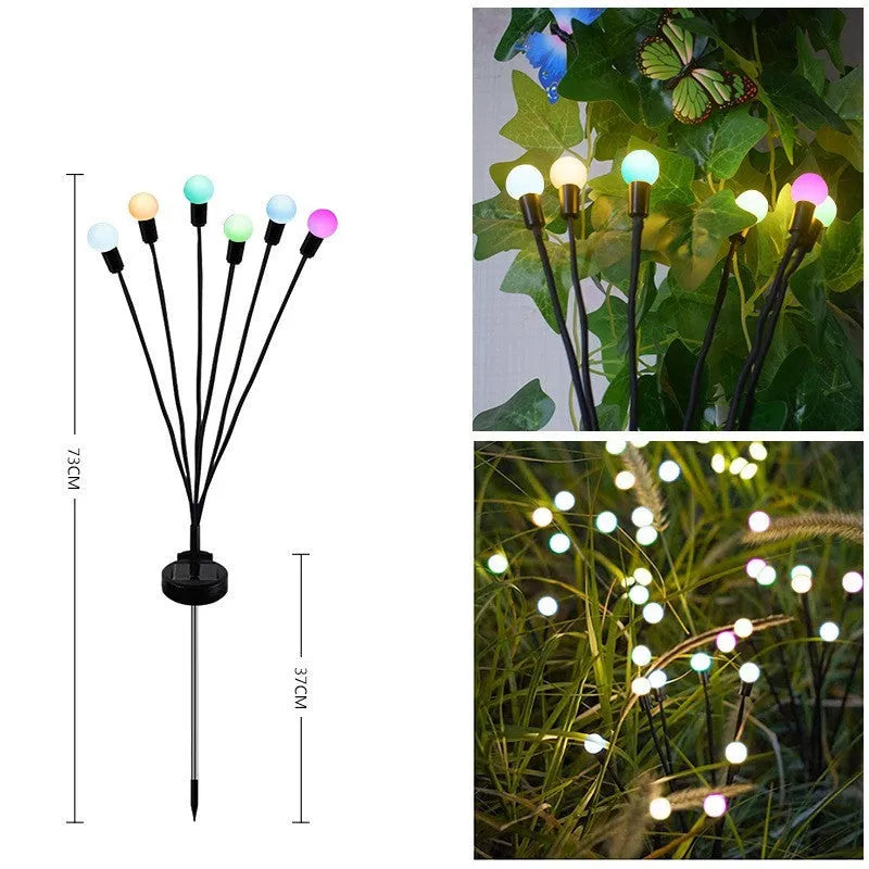 Solar-powered LED firefly lawn light with multiple heads and a stainless steel ground spike