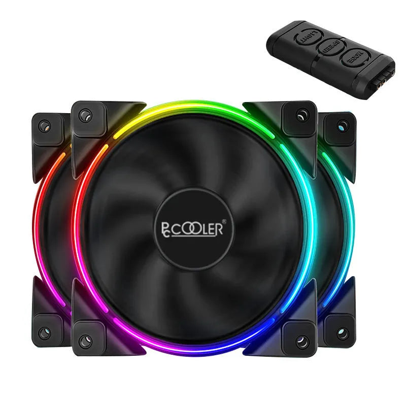 Three black 120mm computer case cooling fans with RGB lighting and hydraulic bearing system