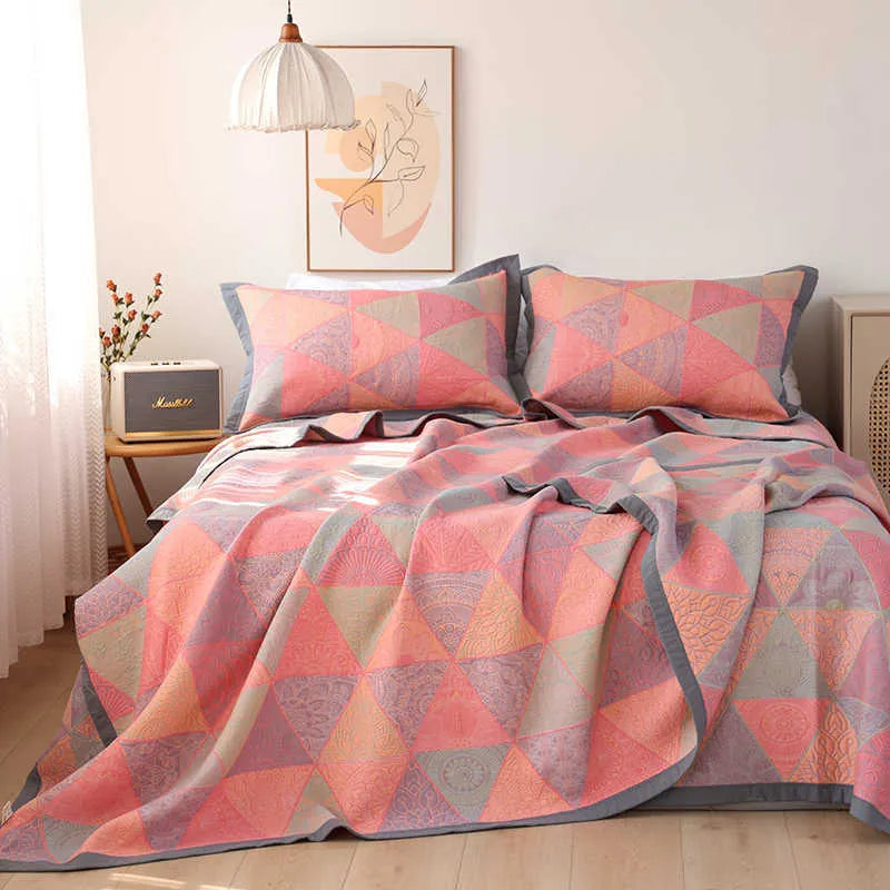 Cotton gauze bed blanket and two pillowcases set with plant and flower pattern in Flower Story Language colour