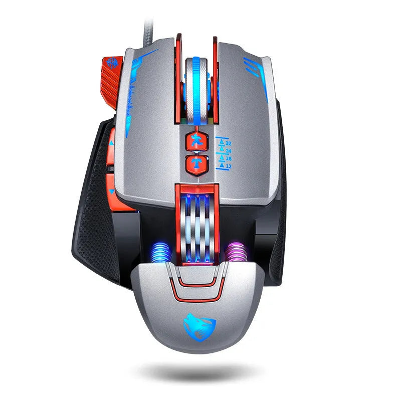 Thunder Wolf V9 black and grey wired gaming mouse with six side buttons on desktop.