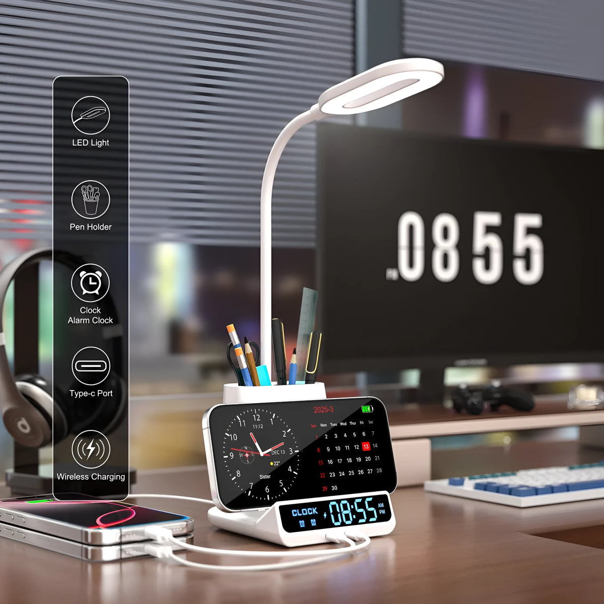 Modern black desk lamp with wireless charging base, integrated pen holder, and small storage compartments.