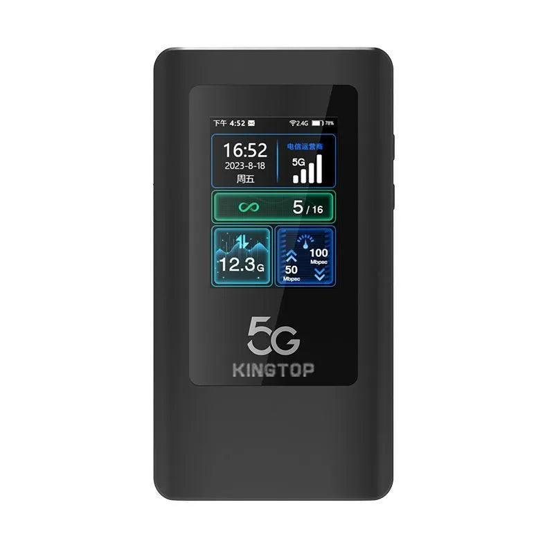 Black 5G portable Wi-Fi router with LCD display showing signal strength and battery level.