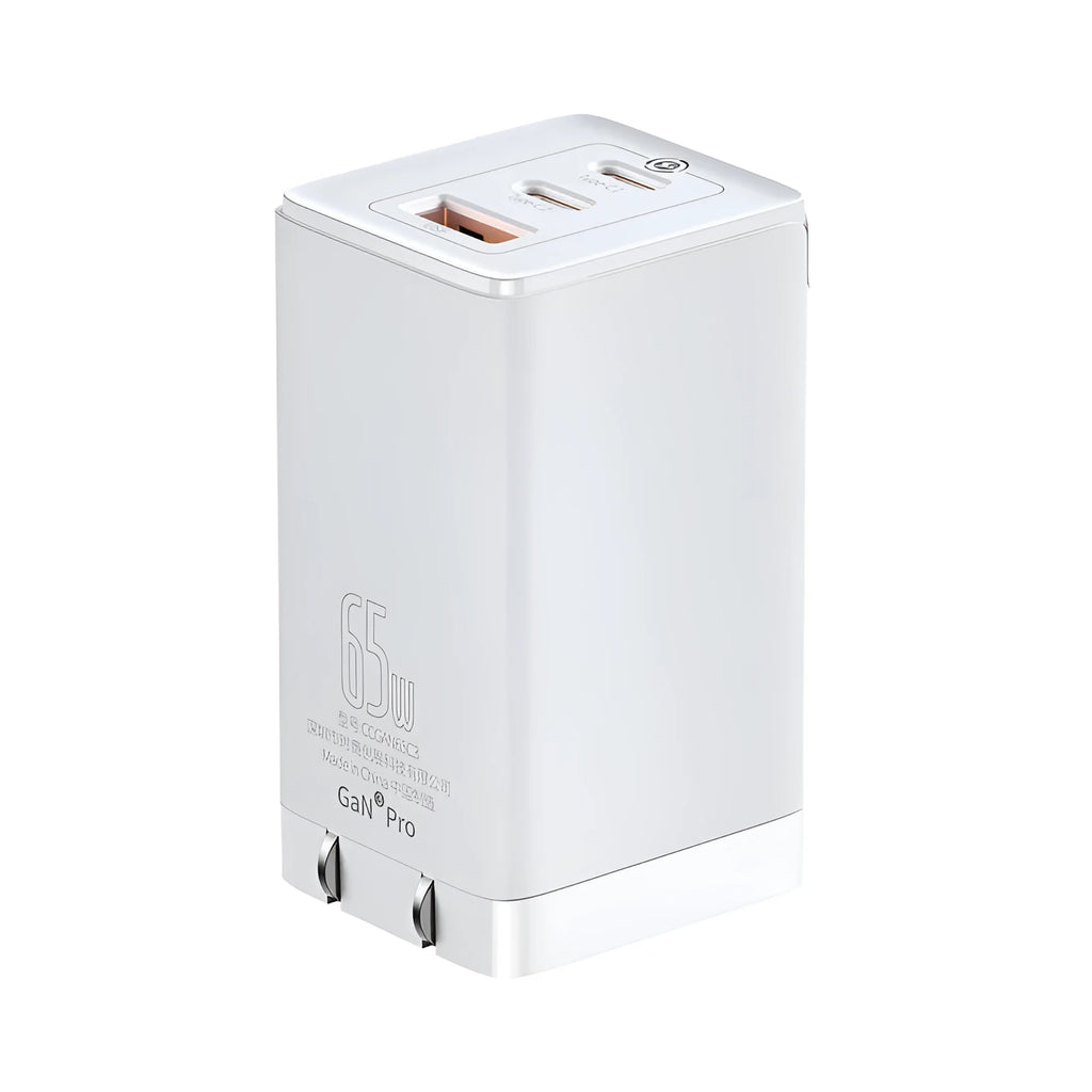 White multi-port car charger with USB and Type-C ports showing power indication light