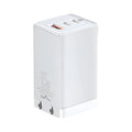 White multi-port car charger with USB and Type-C ports showing power indication light