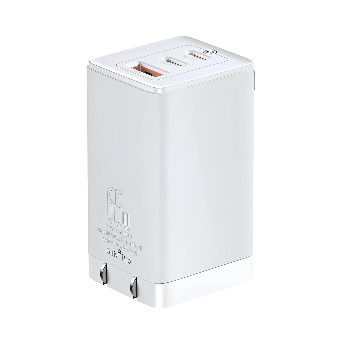 White multi-port car charger with USB and Type-C ports showing power indication light