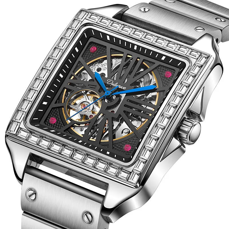 Men's square automatic watch with diamond studs on steel or leather strap