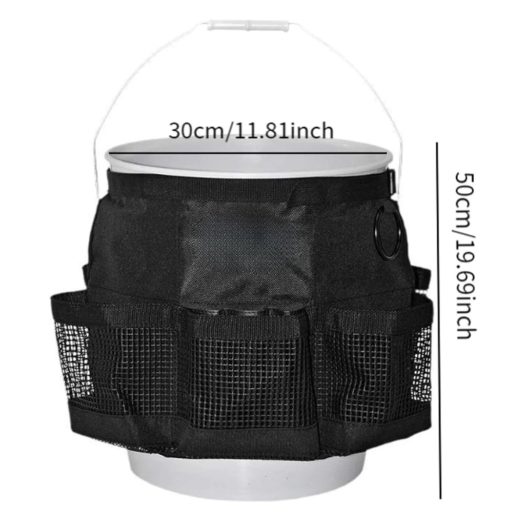 Black cylindrical polyester storage bag hanging with 5 gallon drum compatibility for car washing tools organisation