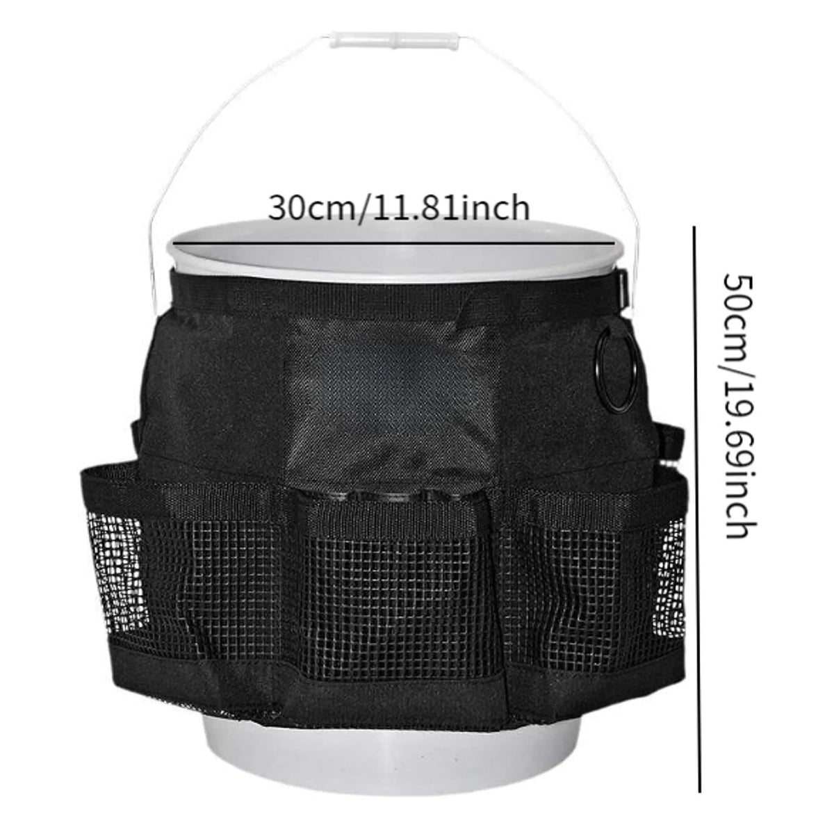 Black cylindrical polyester storage bag hanging with 5 gallon drum compatibility for car washing tools organisation