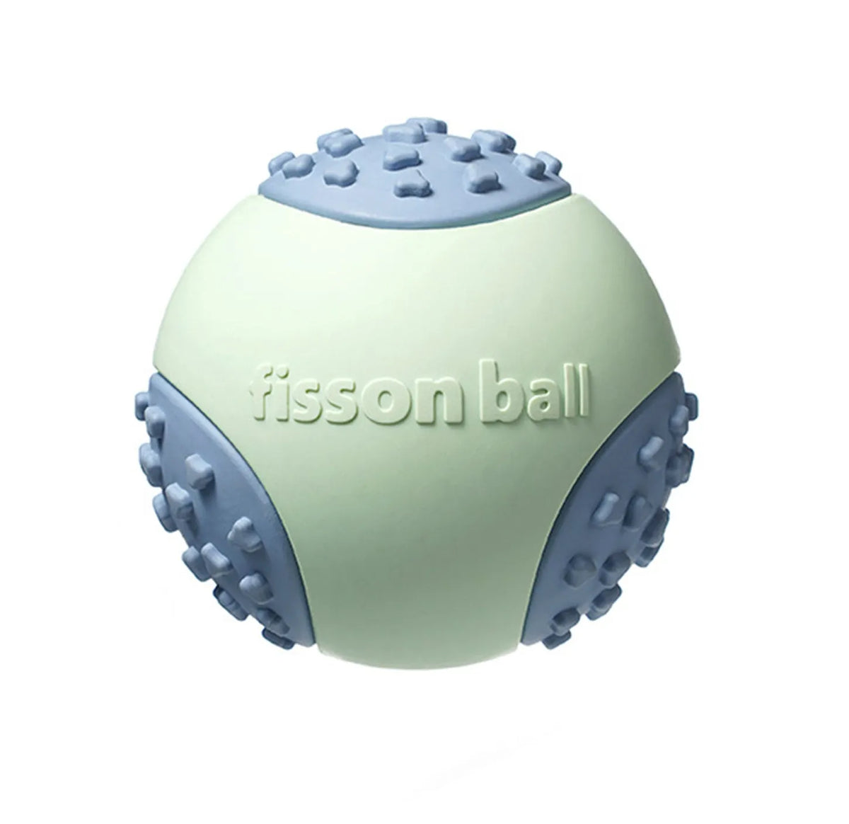 Green and pink dog rolling ball toy showing 64mm diameter size for small and medium breeds
