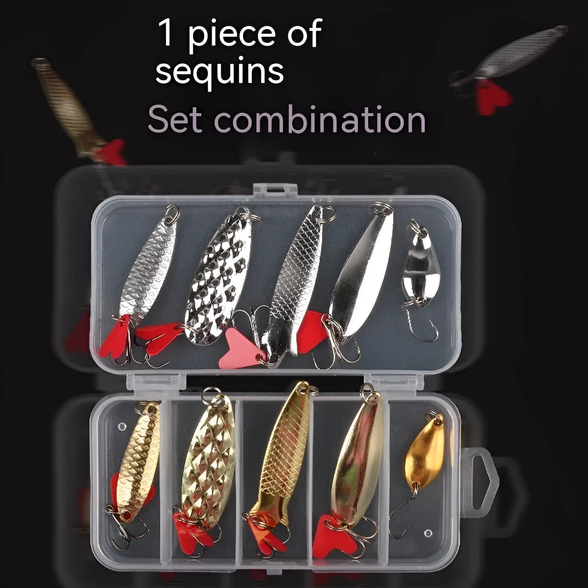 Fishing lure metal sequin sets in 11, 21 and 36 piece packages for bait customisation