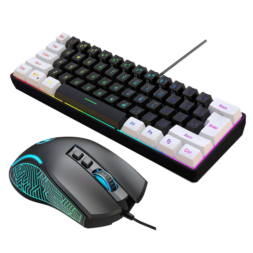 Wired 61-key membrane keyboard with white and black colour scheme showing compact design and USB cable