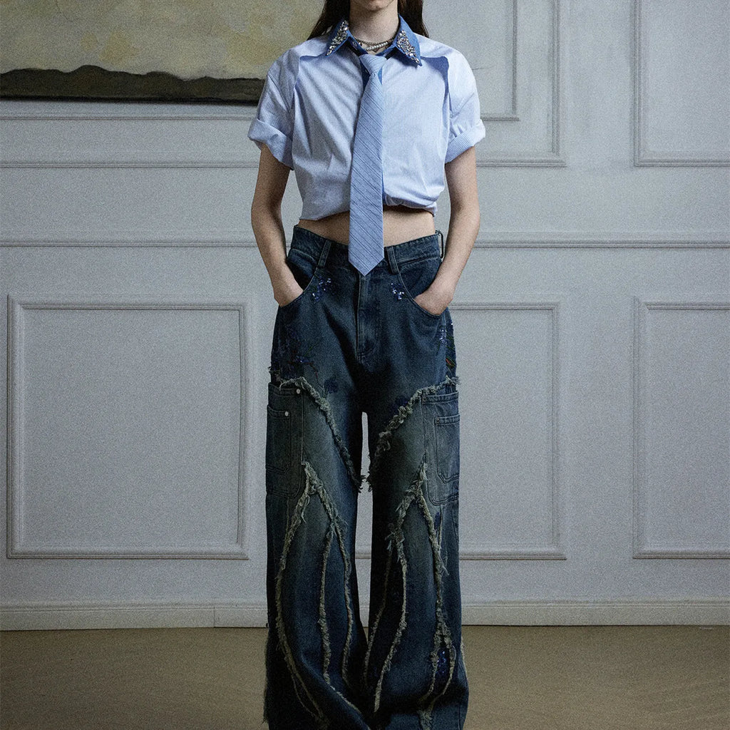 Men's blue and khaki patchwork striped shirt with quilted panels and a flip collar