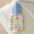 Blue corduroy dog hoodie with a chessboard grid pattern and a matching hood, shown on a small dog.