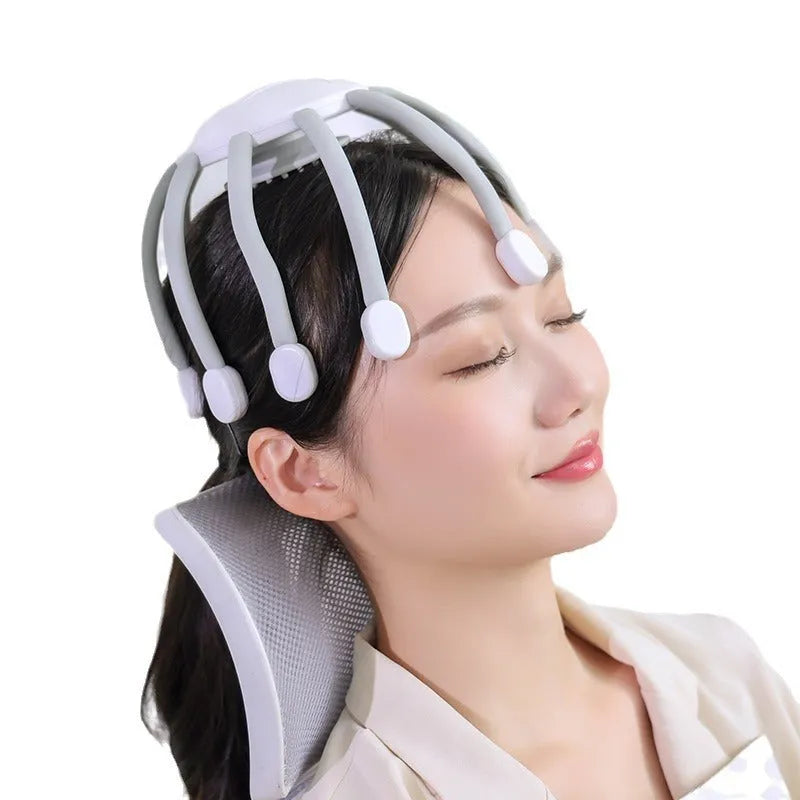 A handheld USB-powered head massager with multiple claws for scalp vibration and relaxation.