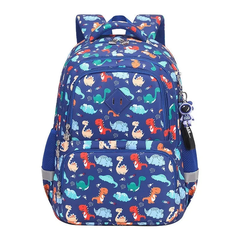 Children's waterproof Oxford school backpack in multiple dinosaur and rainbow pattern colour options