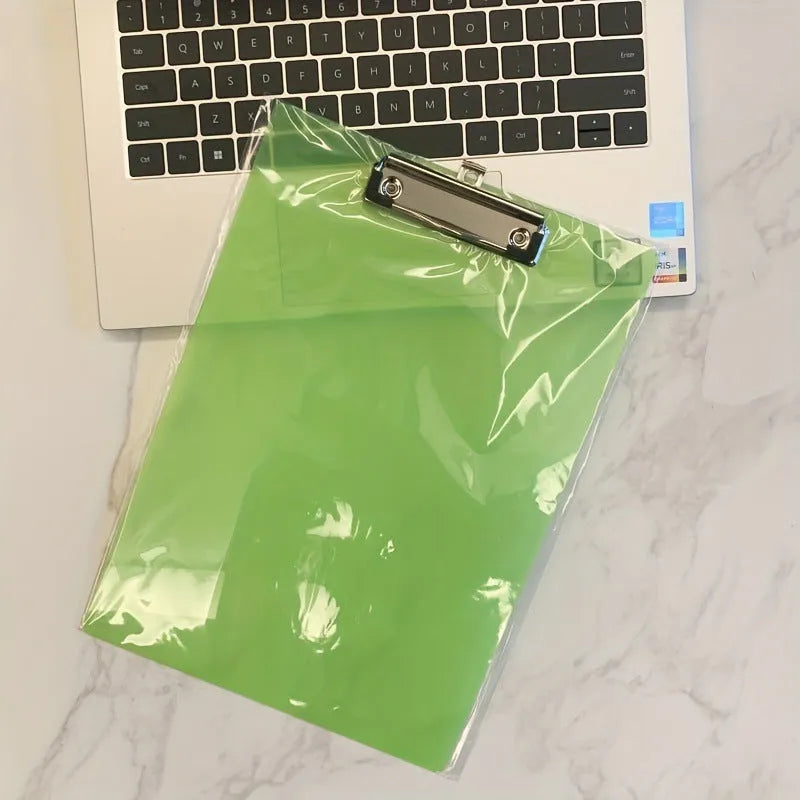 Clear plastic A4 plate holder with metal clip holding documents, available in multiple colours including blue, green, red and white.