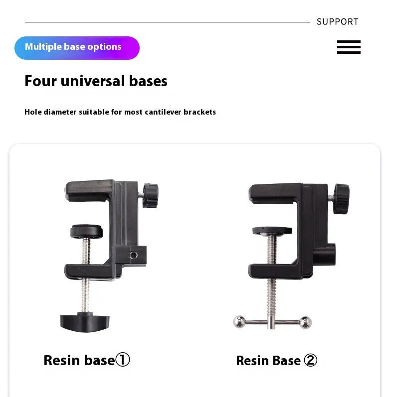 Black foldable metal desktop bracket holding tablet at adjustable angle