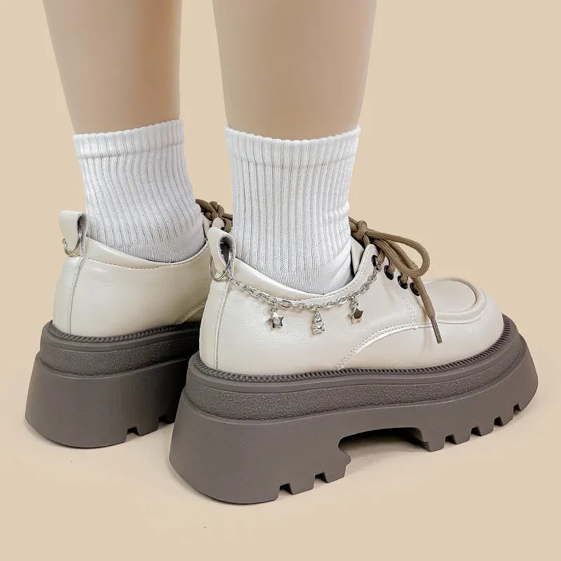 White PU platform Mary Jane shoes with a chunky 6-8cm heel, round toe, and front lace-up.