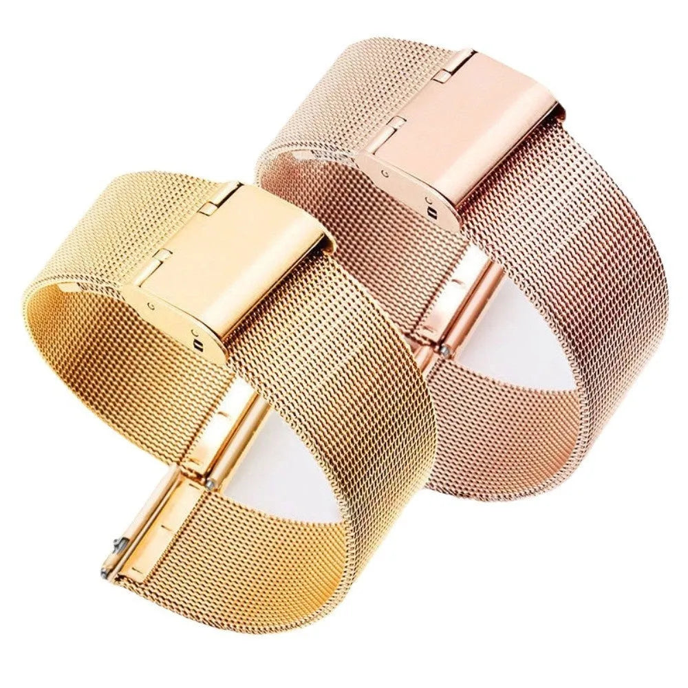Silk woven stainless steel watch replacement band showing silver, black, rose gold, and gold colour options