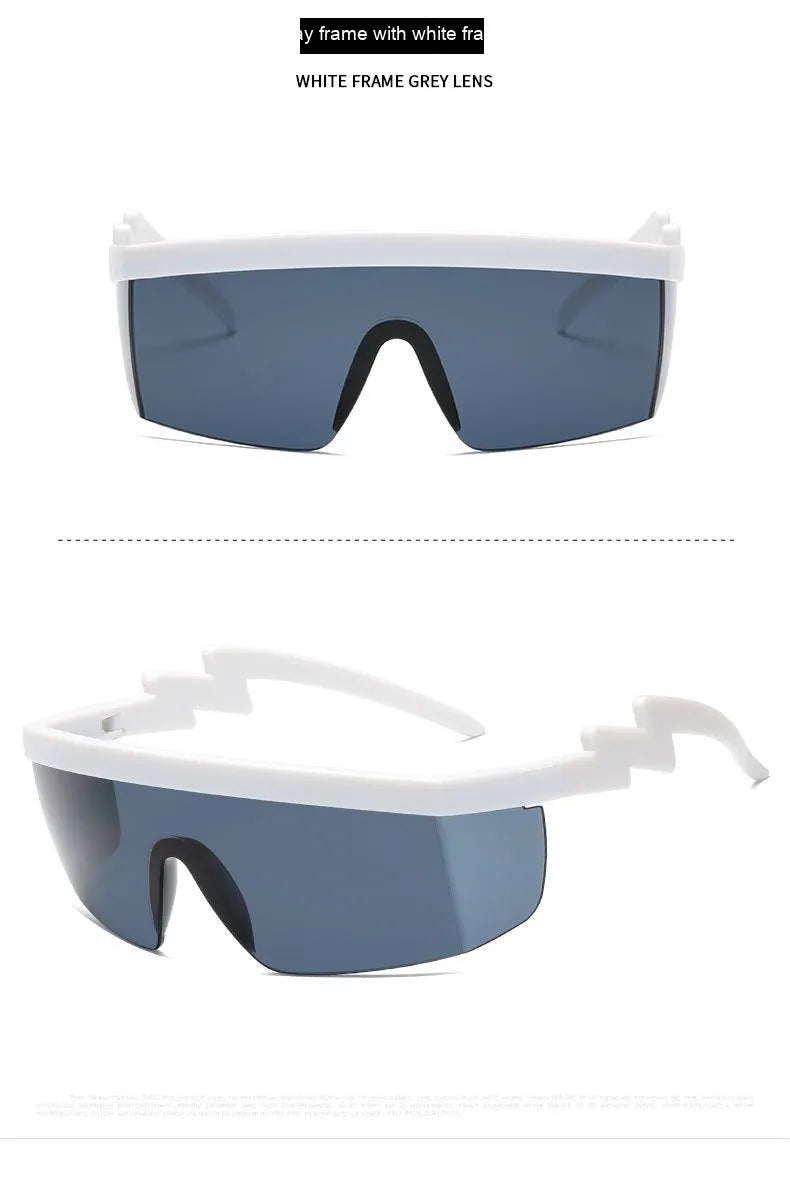One-piece sports sunglasses with lightning leg design, shown in a black frame with blue lens option.