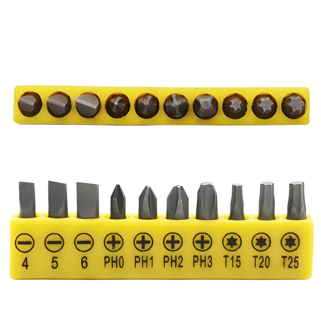 L-shaped socket wrench handle with 10 steel screwdriver bits and drill bit socket wrenches