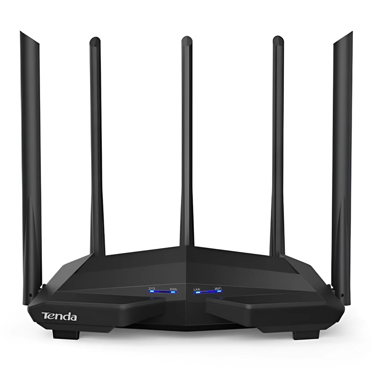 Black AC11 gigabit wireless router showing four ethernet ports with pure copper interfaces