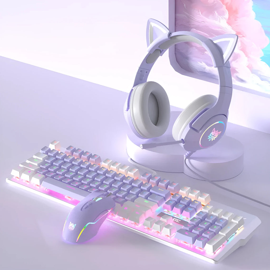 Purple and white mechanical keyboard and wired mouse set with backlit keys