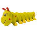 Yellow caterpillar-shaped rubber dog squeaky toy for small to medium breed dogs