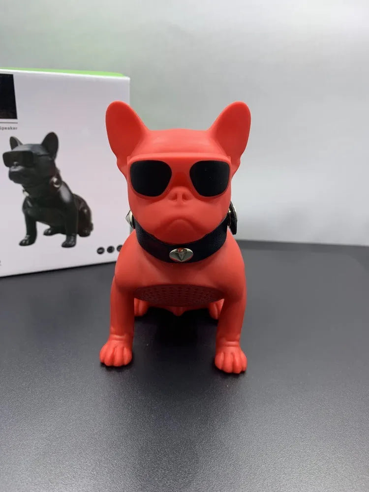 Mini bulldog-shaped Bluetooth speaker in black, red or white colours showing compact design