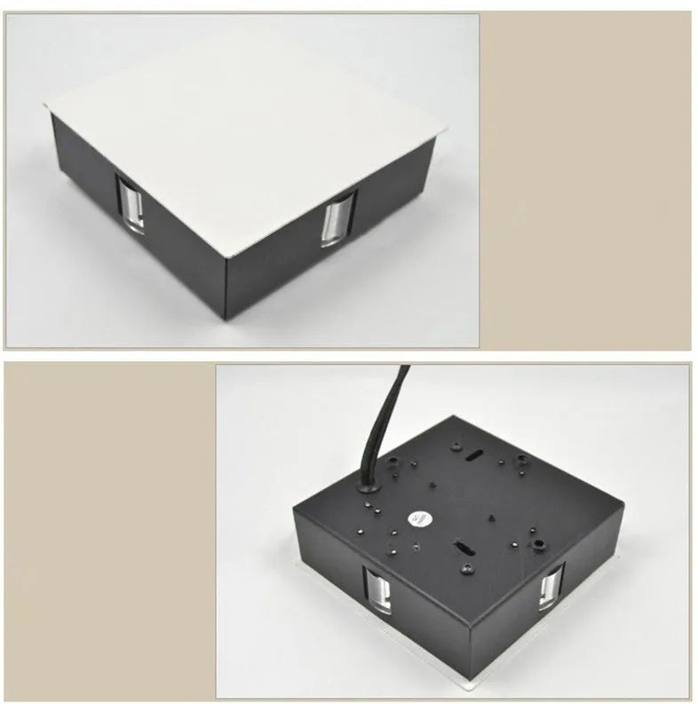 Square and round LED wall light with aluminium body and iron lampshade in 141x141x45mm dimensions