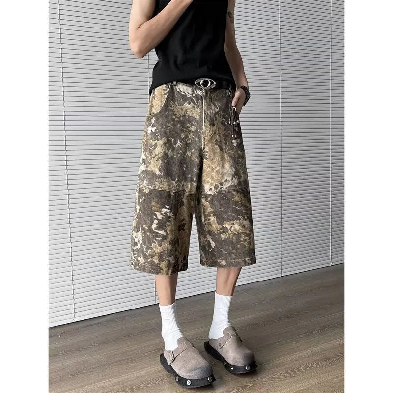 Yellow snake pattern camouflage cropped jeans in denim with cotton fabric