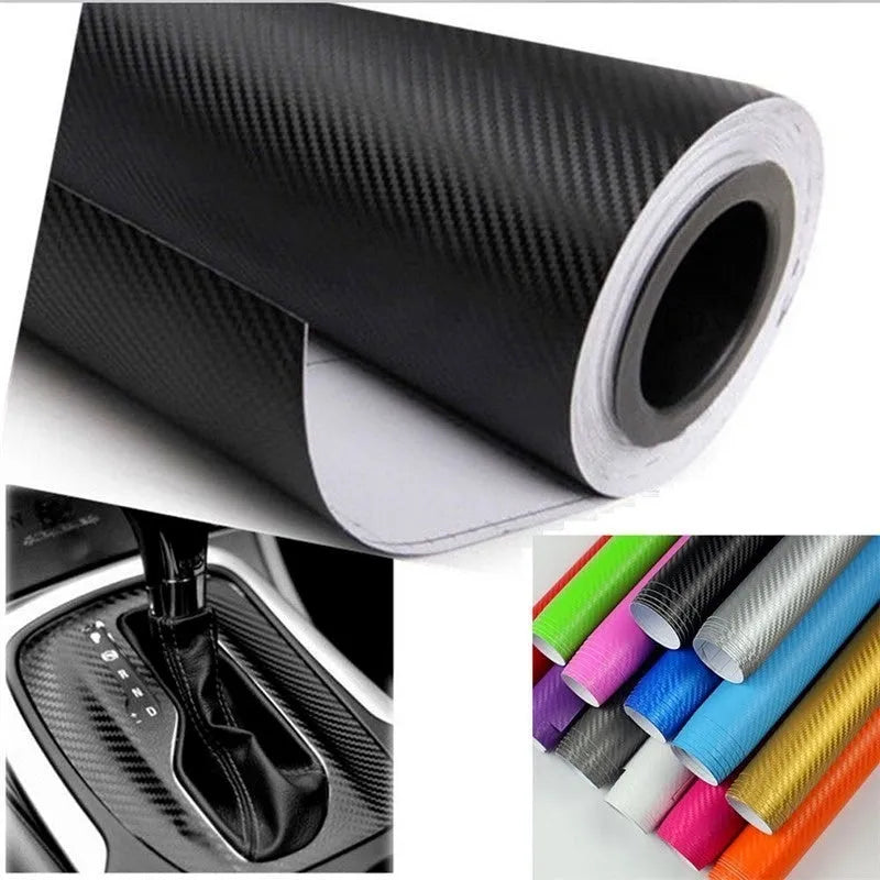 Roll of 3D carbon fibre sticker in assorted colours, showing texture and scale next to a 30cm ruler.