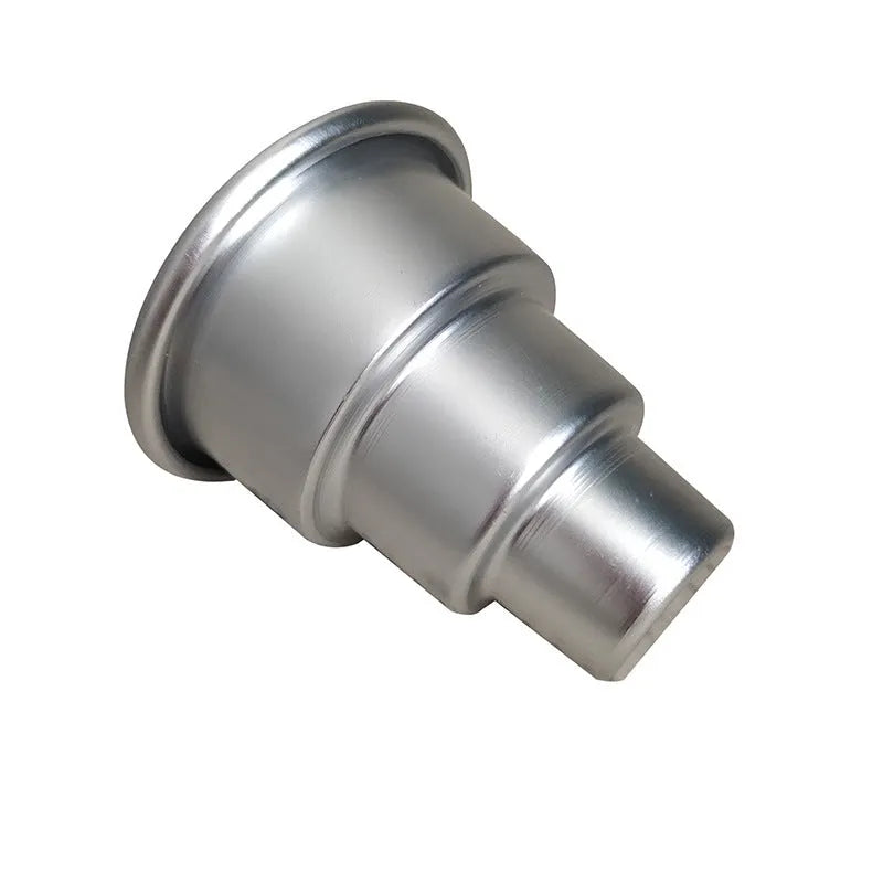 Set of three silver aluminium alloy cake moulds in large, medium, and small sizes for baking.
