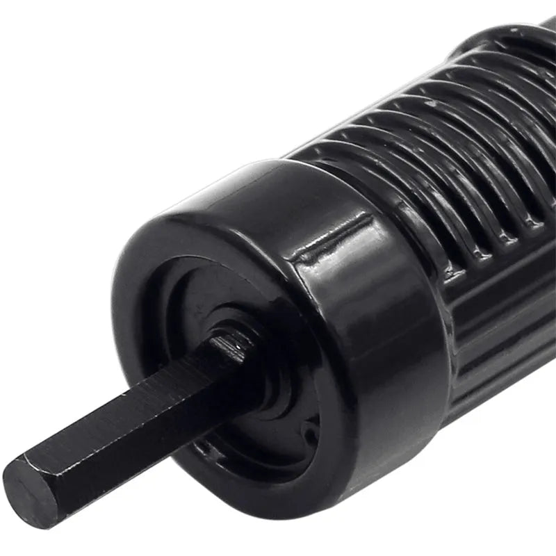 Black metal electric drill rivet gun attachment with handle and wrench, length 173mm.