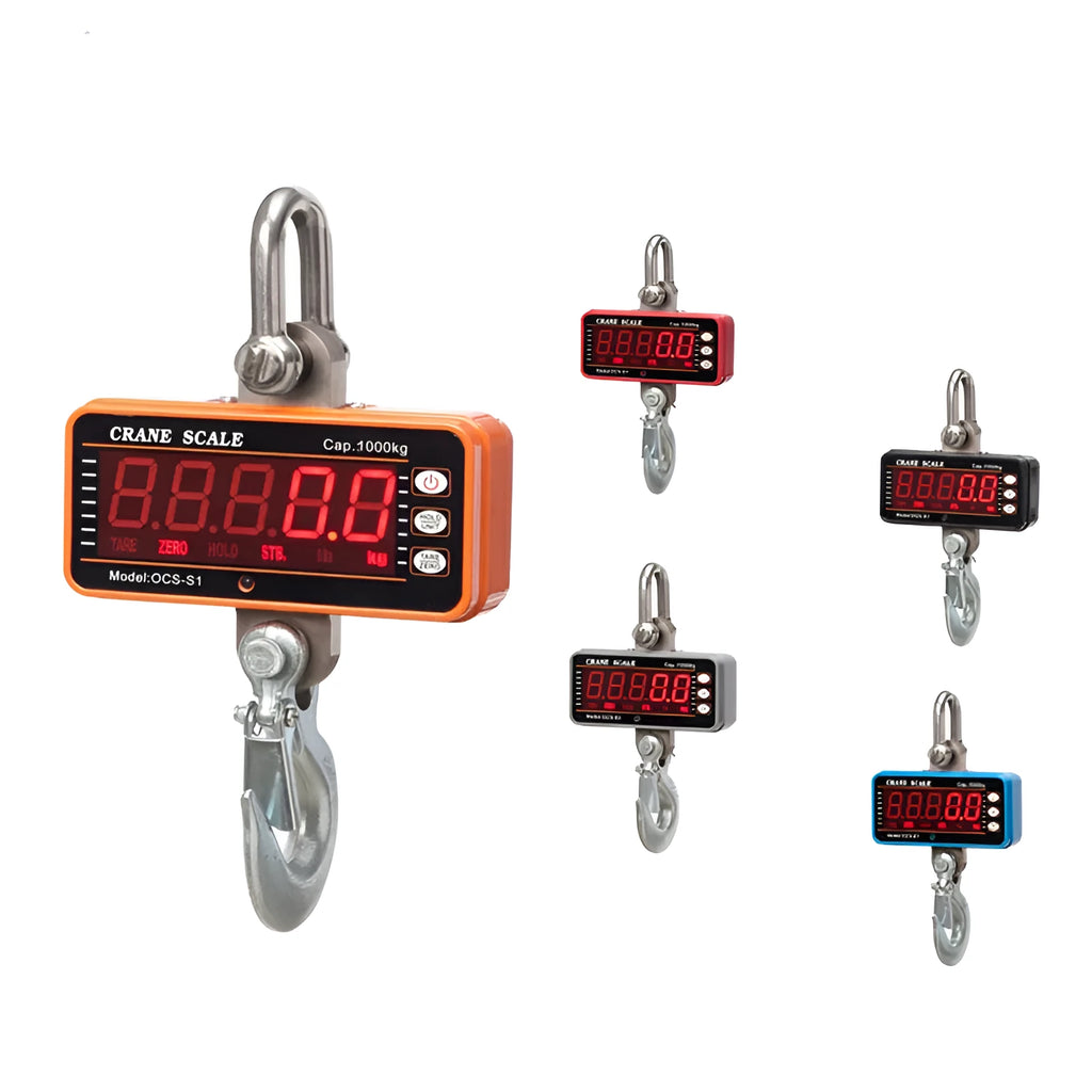 Orange electronic crane scale with digital display for 500kg capacity weighing in logistics and warehousing