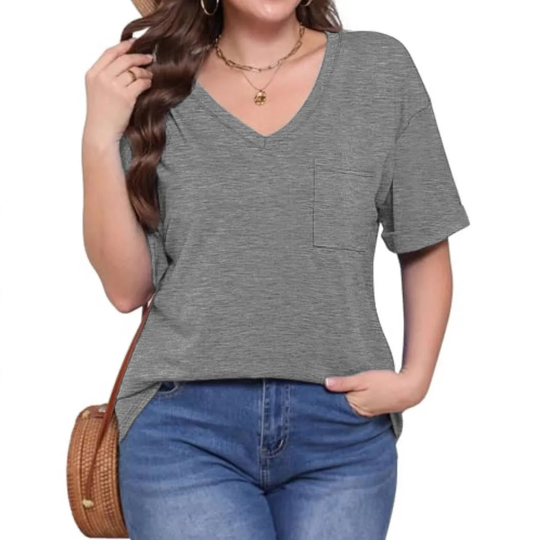 Grey loose fit V-neck T-shirt with pocket and short sleeves on hanger