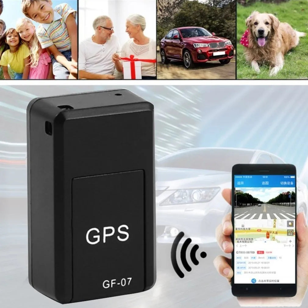 Black mini magnetic GPS car tracker device showing compact size and USB charging cable