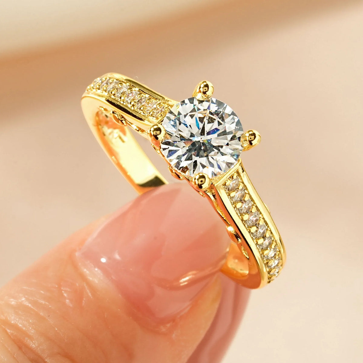 Women's zircon ring in electroplated copper with heart, split arm, or star design in K white or K yellow finish