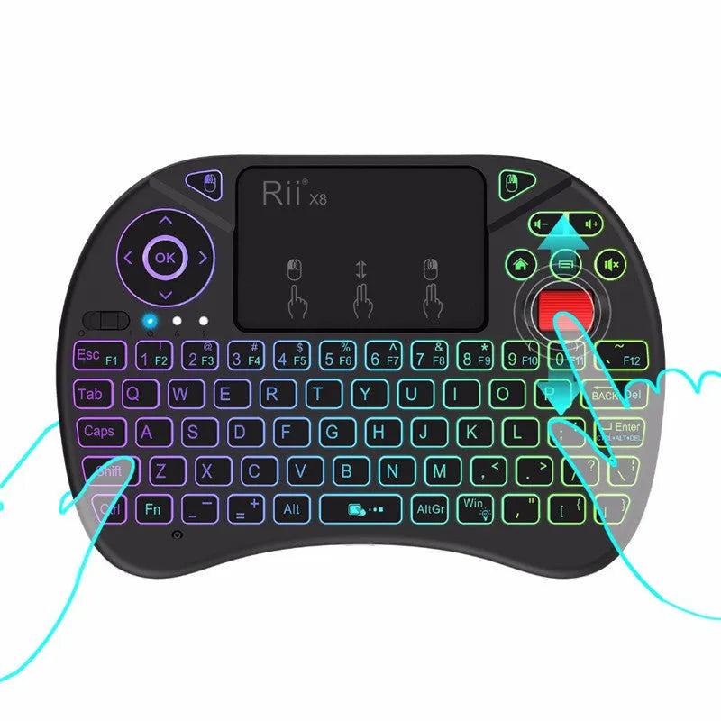 i8X black wireless keypad with QWERTY keyboard, touchpad, dual mouse buttons, USB adapter, and lithium battery