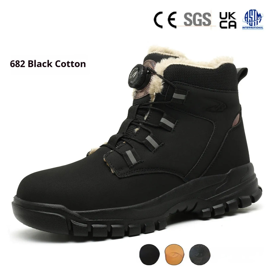 Black leather steel-toed safety work shoe with a rubber sole, shown on a grey background.